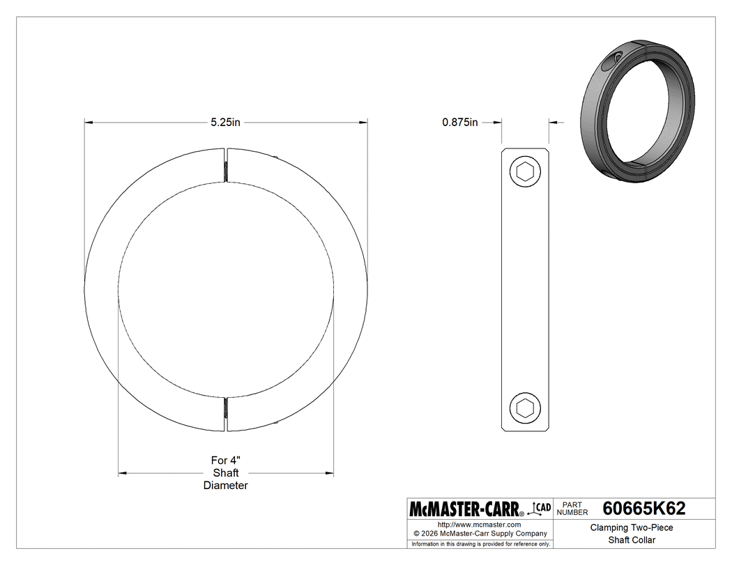 Technical Drawing of Clamping Two-Piece Shaft Collar, for 4" Diameter, Black-Oxide 1215 Carbon Steel.